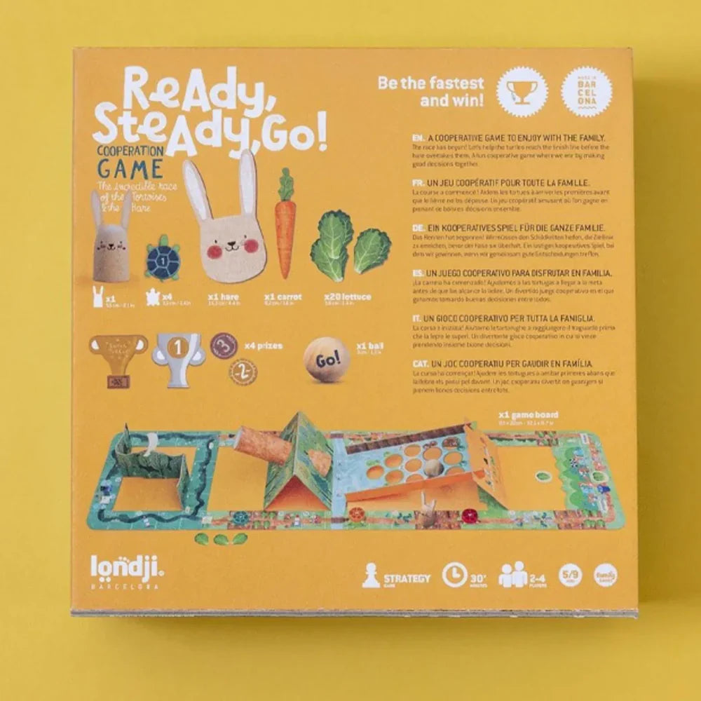 Spatele cutiei jocului de societate Ready, Steady, Go!