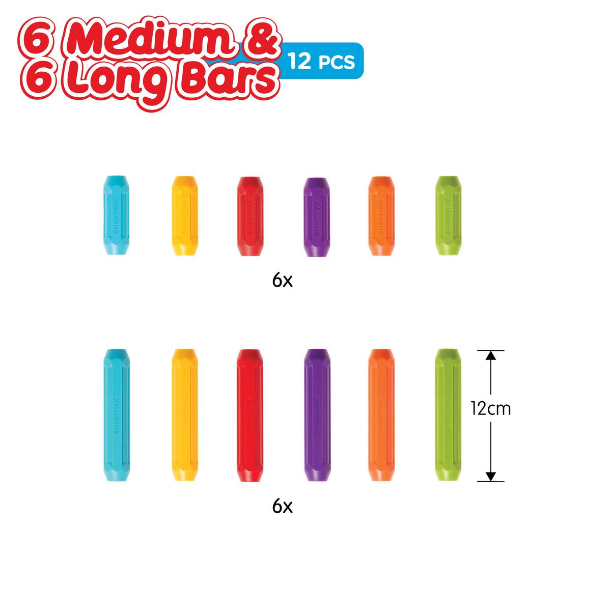 Conținutul jucăriei magnetice SmartMax: 6 Medium & 6 Long Bars