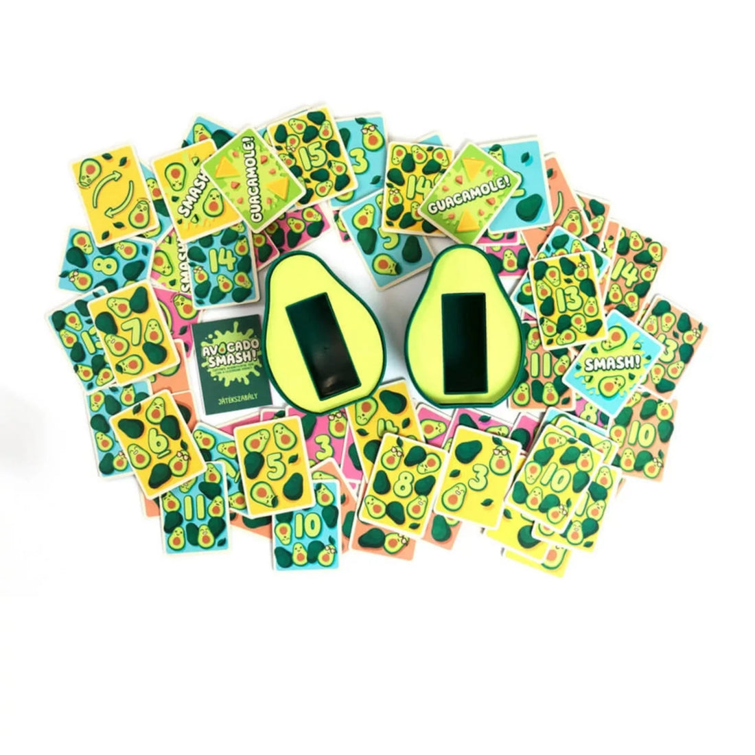 Cutia deschisă și cărțile jocului de societate Avocado Smash