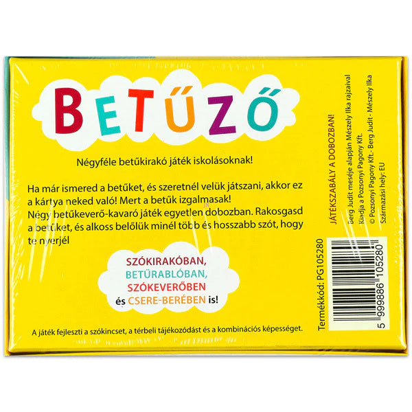 Spatele cutiei jocului de societate Tökmagok Betűző - kártyajáték