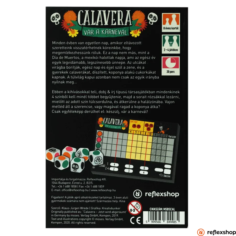 Spatele cutiei jocului de societate Calavera