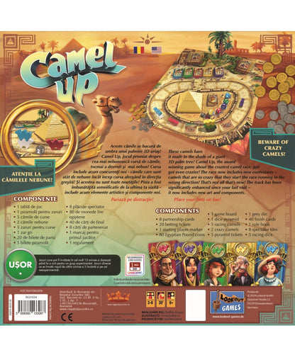 Spatele cutiei jocului de societate Camel Up