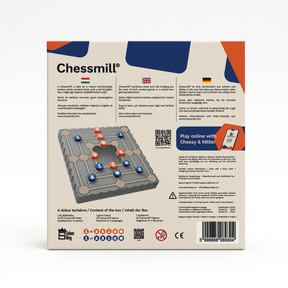 Spatele cutiei jocului de societate Chessmill