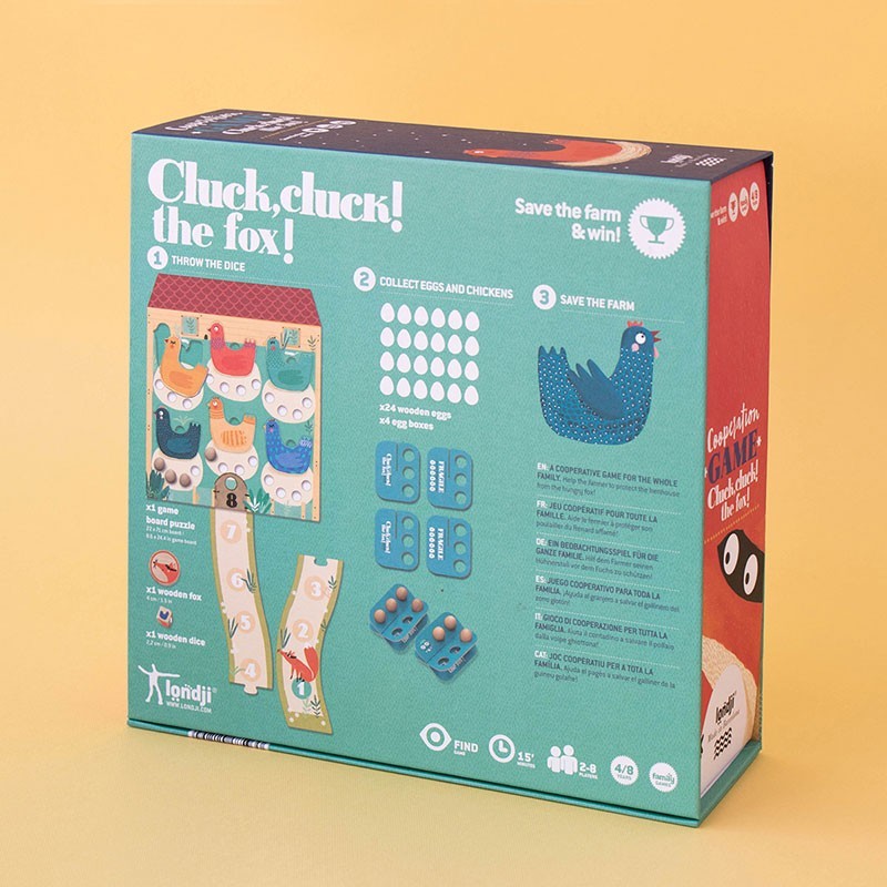 Spatele cutiei jocului de societate Cluck, Cluck, the Fox
