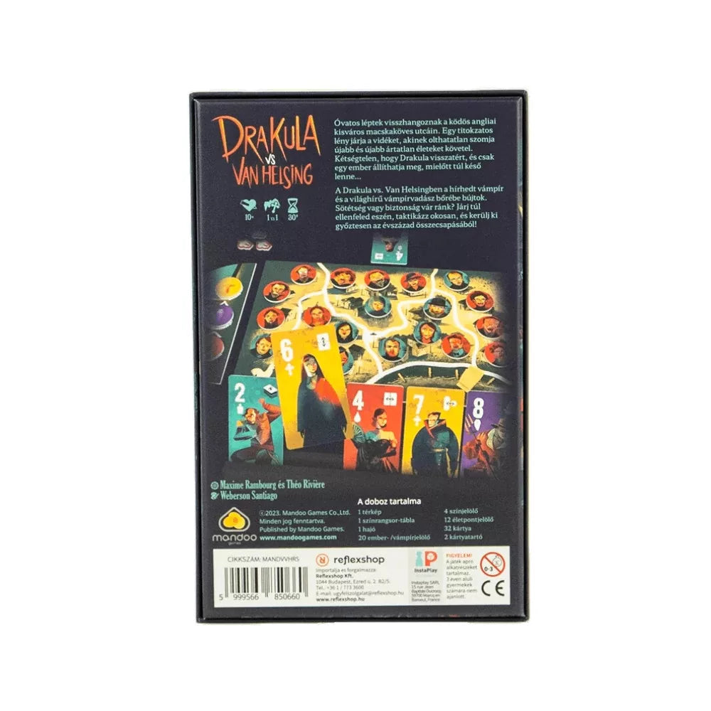 Spatele cutiei jocului de societate Dracula vs Van Helsing
