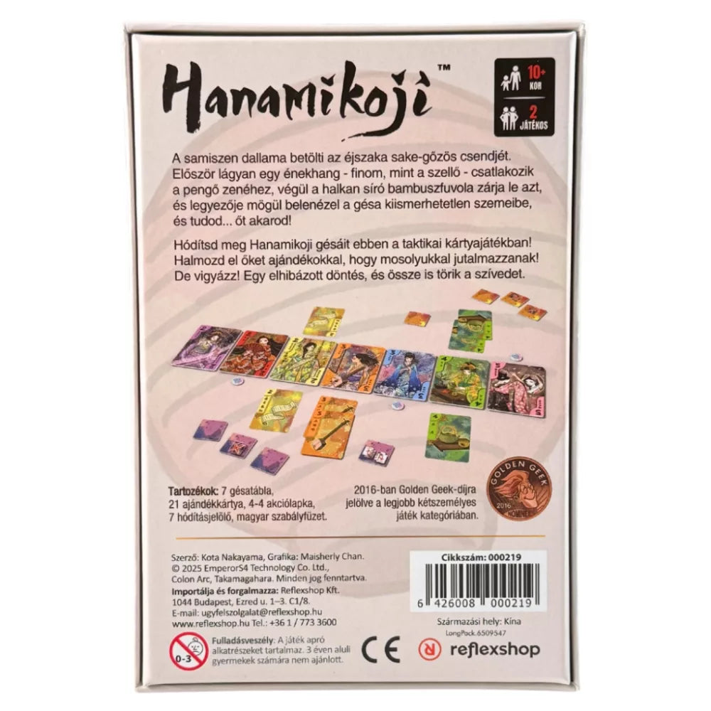 Spatele cutiei jocului de societate Hanamikoji
