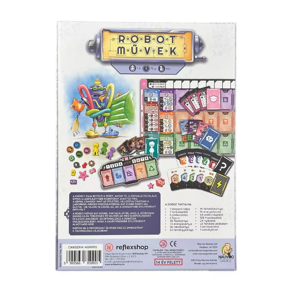 Spatele cutiei jocului de societate Raising Robots