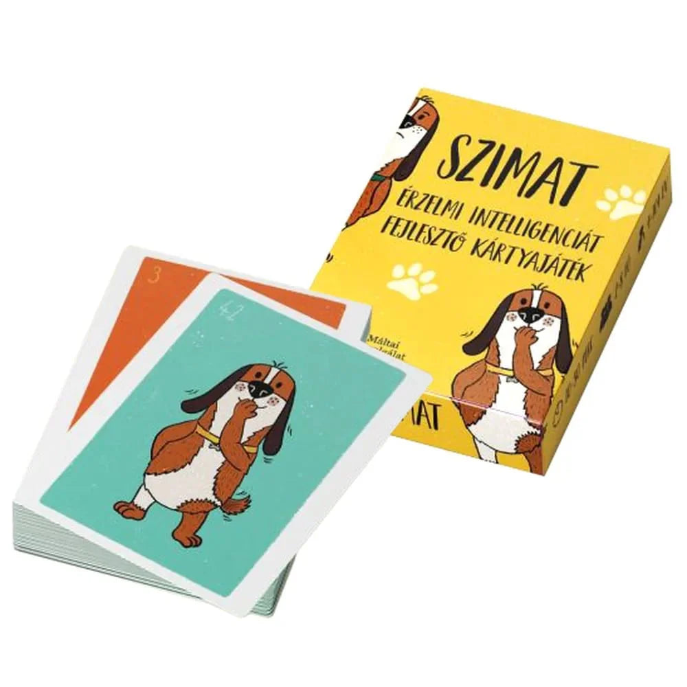 Cutia şi conținutul jocului de societate Szimat - Joc de cărți pentru dezvoltarea inteligenței emoționale
