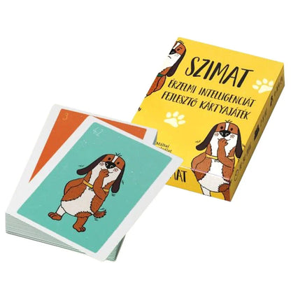 Cutia şi conținutul jocului de societate Szimat - Joc de cărți pentru dezvoltarea inteligenței emoționale