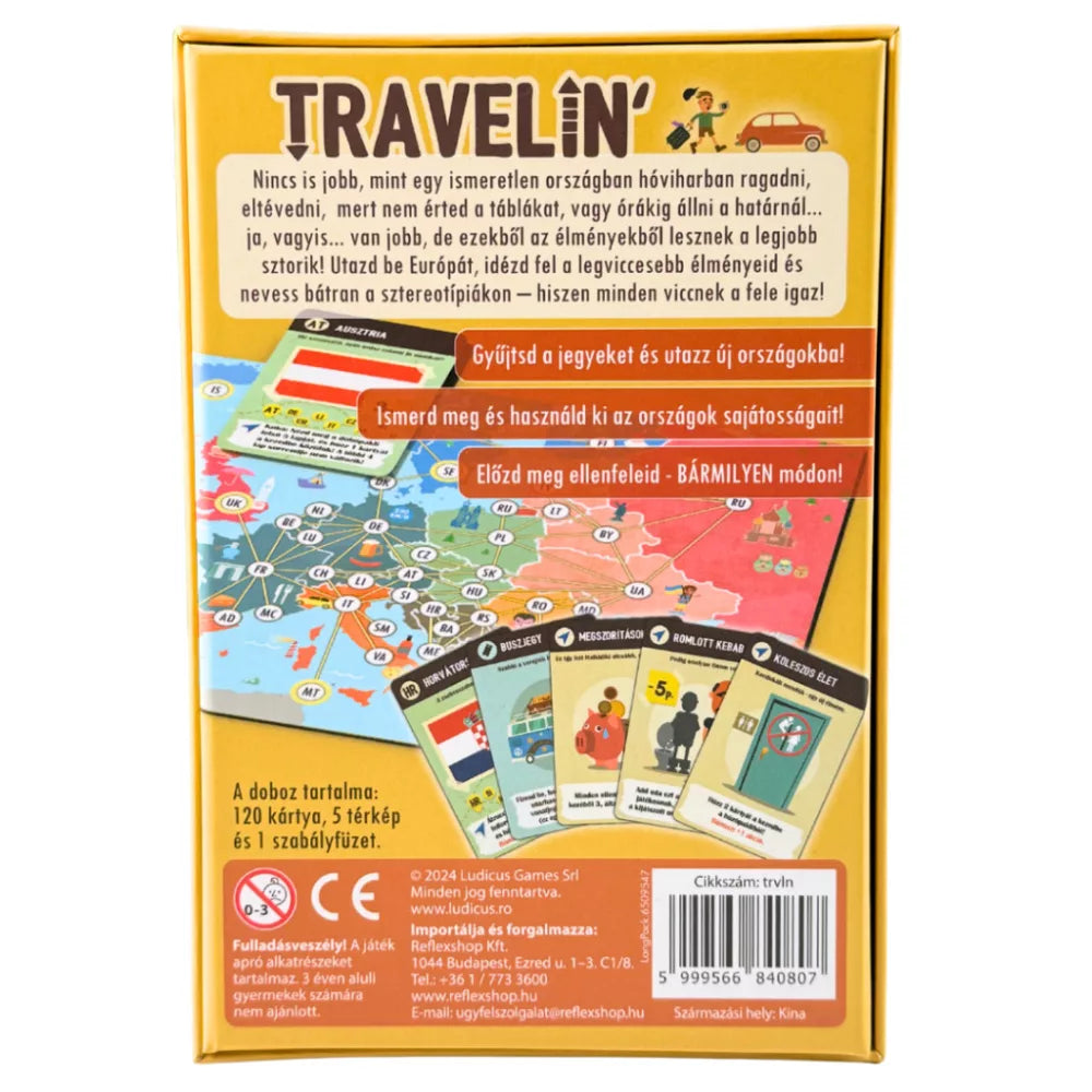 Spatele cutiei jocului de societate Travelin&