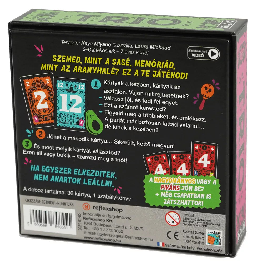 Spatele cutiei jocului de societate Trio