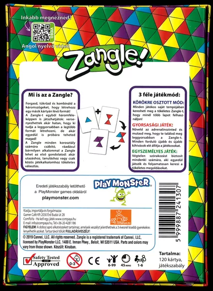 Spatele cutiei jocului de societate Zangle!